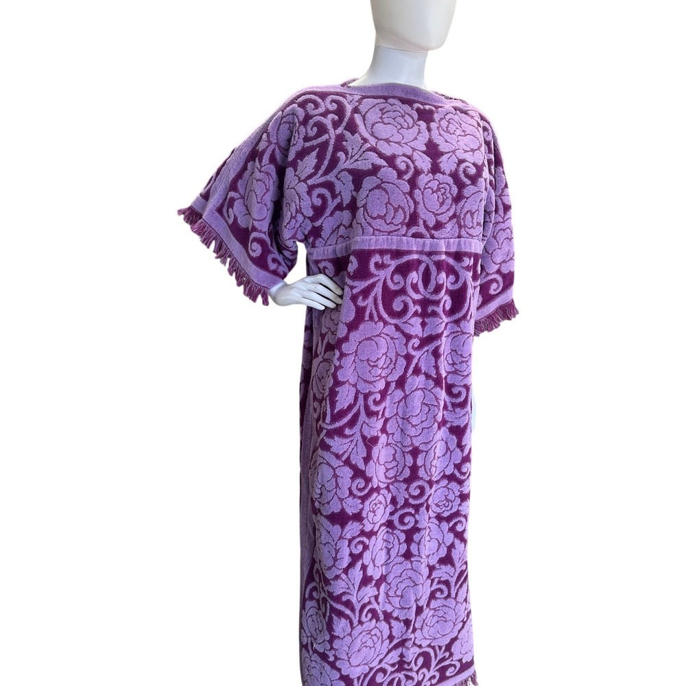 Vtg 60s 70s Cover-Up Fringe Terrycloth Towel Dress Caftan Beach Poolside